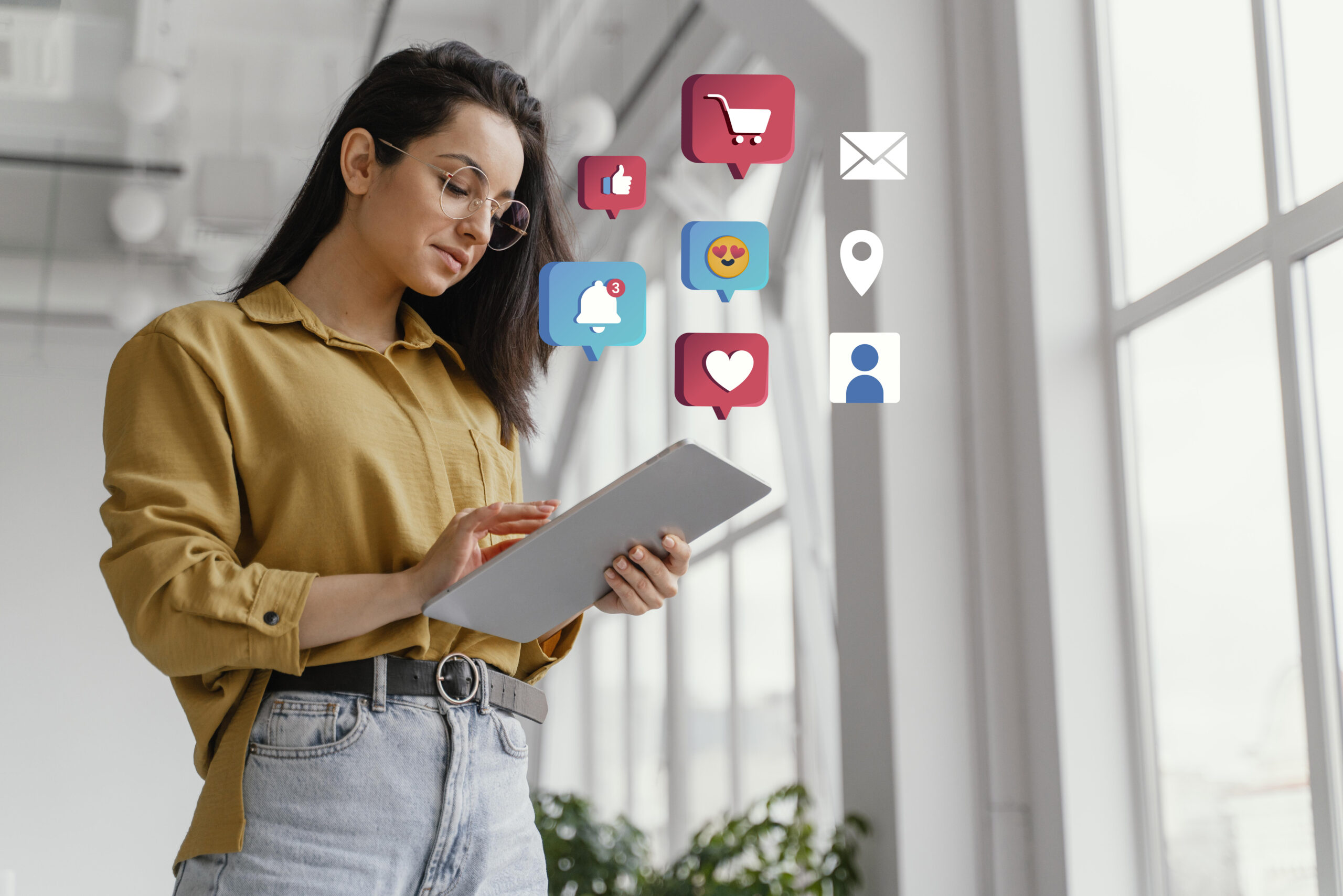 Lady on ipad with multiple images of apps around her head